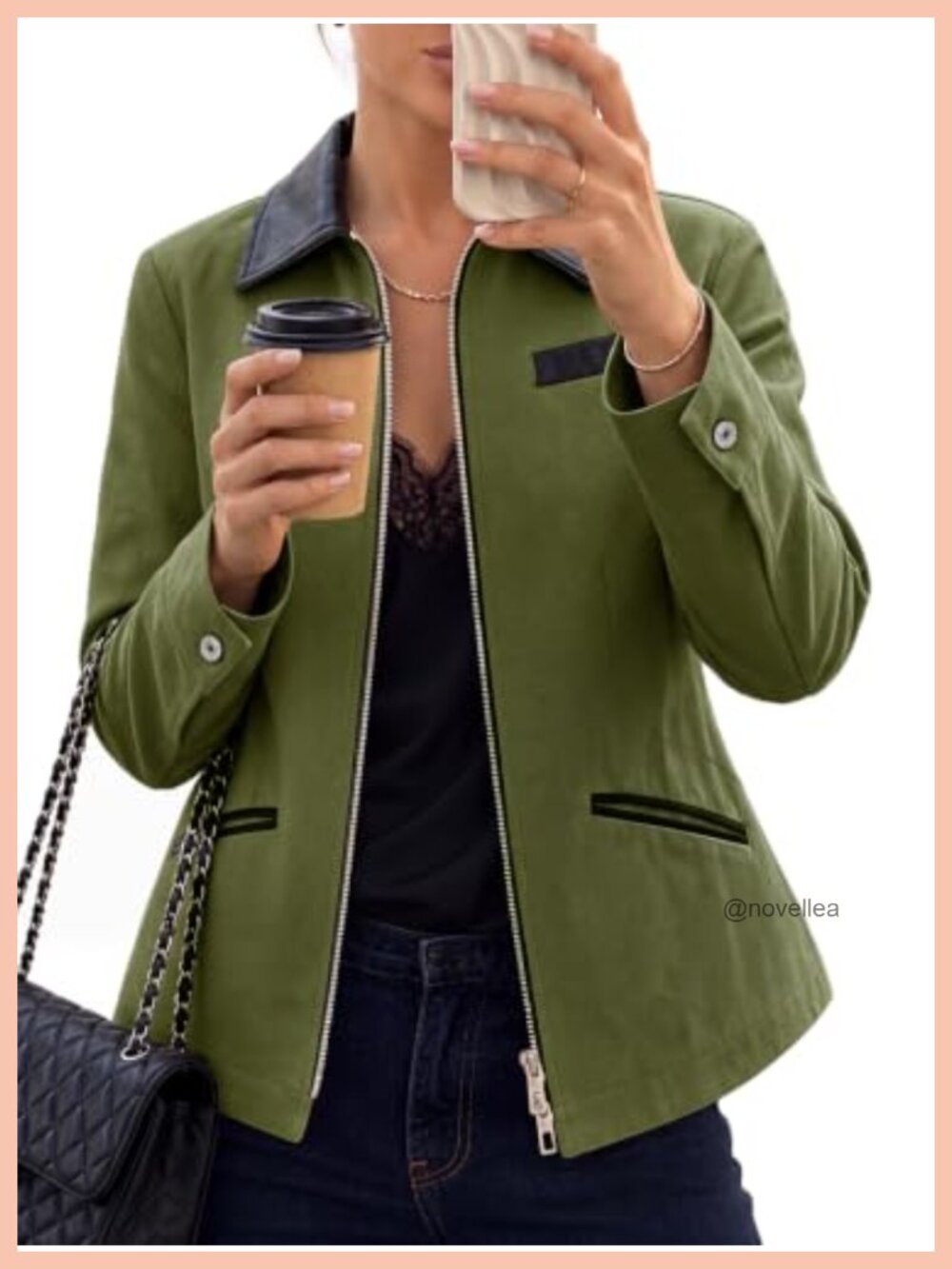 Cropped Barn Jacket Faux Leather Collar Two-Way Zip Long Sleeve Coat